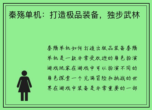 秦殇单机：打造极品装备，独步武林